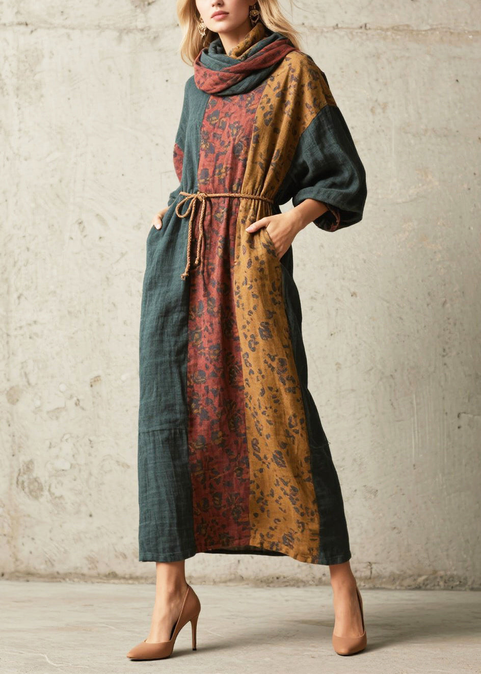 Handmade Tea Green Tunic Patchwork Cotton Holiday Dress Fall