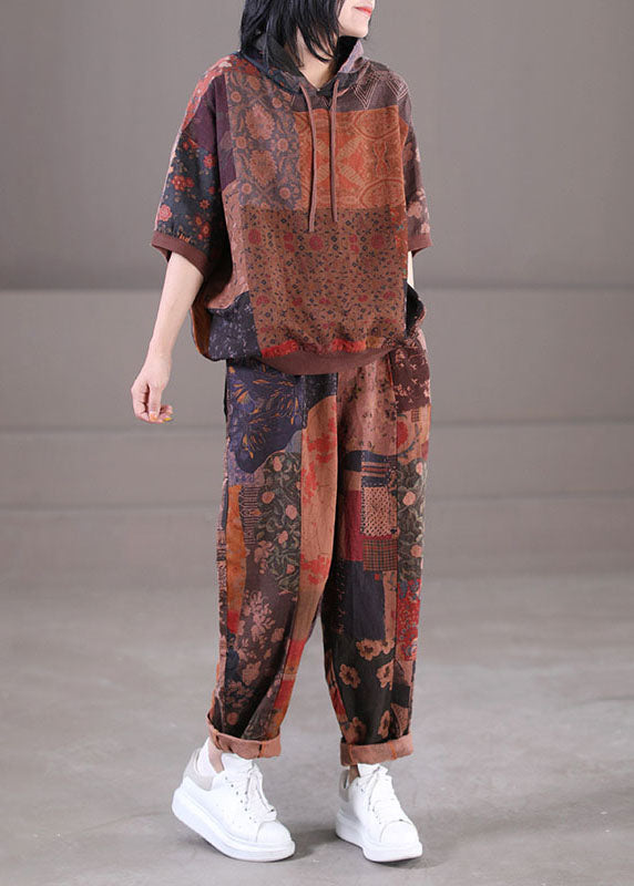 Chocolate Hooded Drawstring Print Linen Tops and Pants Two Pieces Set Summer