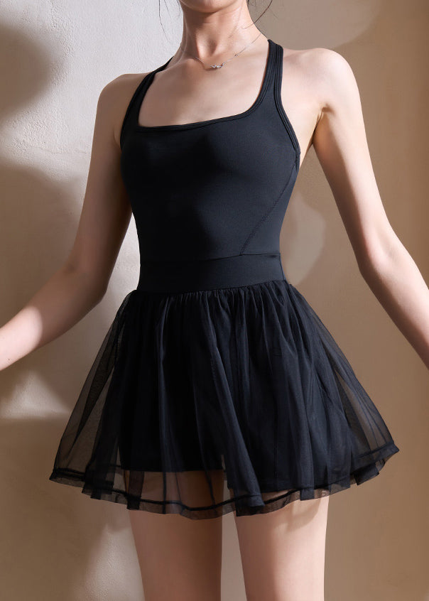 Black Tummy Control Fake Two Piece Sports Dress Summer