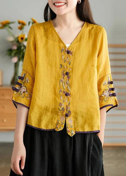 Yellow Ramie Cardigan Embroidered Shirt