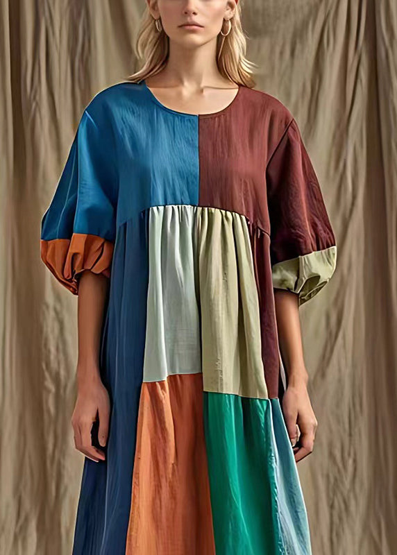 Style Colorblock Puff Sleeve Cotton Long Dress