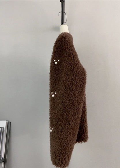 Coffee O Neck Nail Bead Wool Short Coat Winter