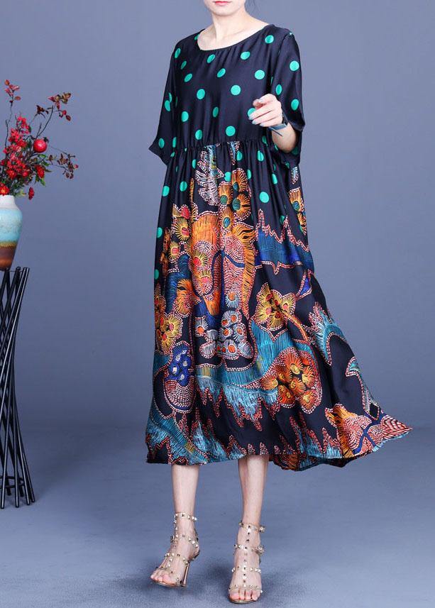 Black Print O-neck Half Sleeve Silk Vacation Dresses Summer
