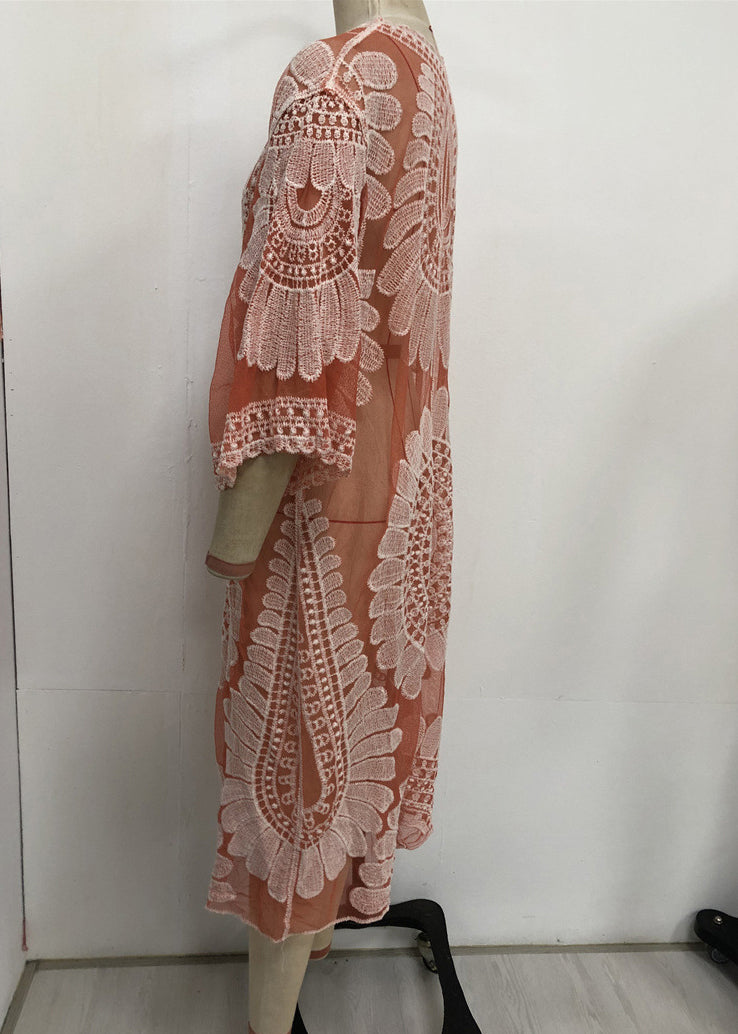 Unique Orange V-neck Print Lace Patchwork Tulle Swimwear Cardigans