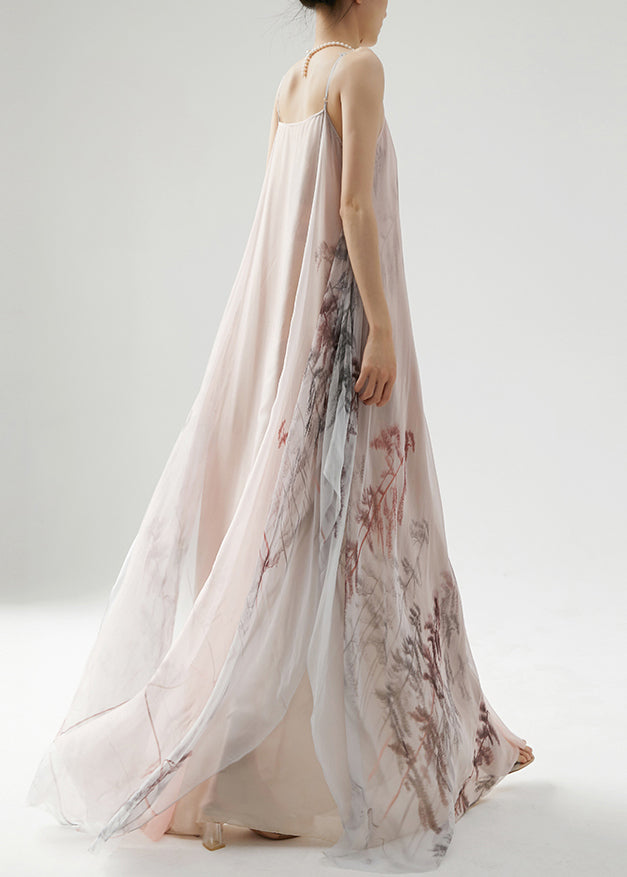 Pink Wrinkled Print Silk Spaghetti Strap Dress Sleeveless