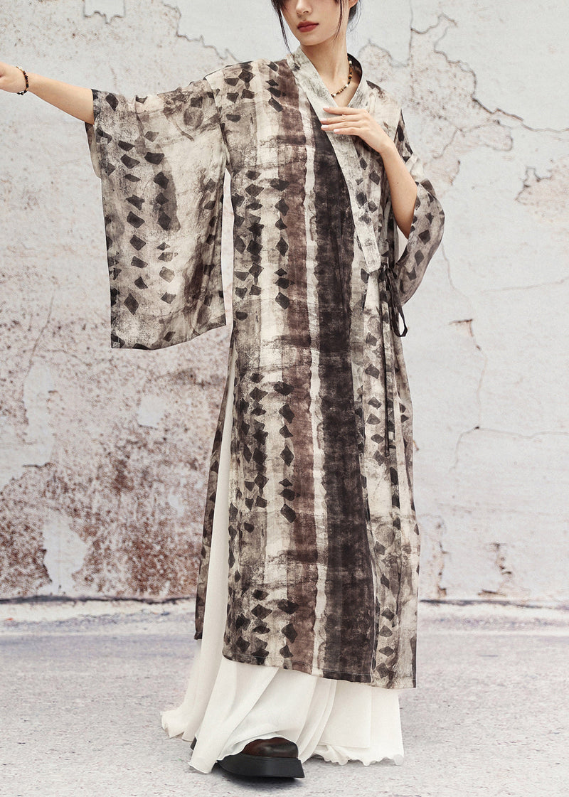 Grey Print Lace Up Side Open Cotton Long Coat Half Sleeve