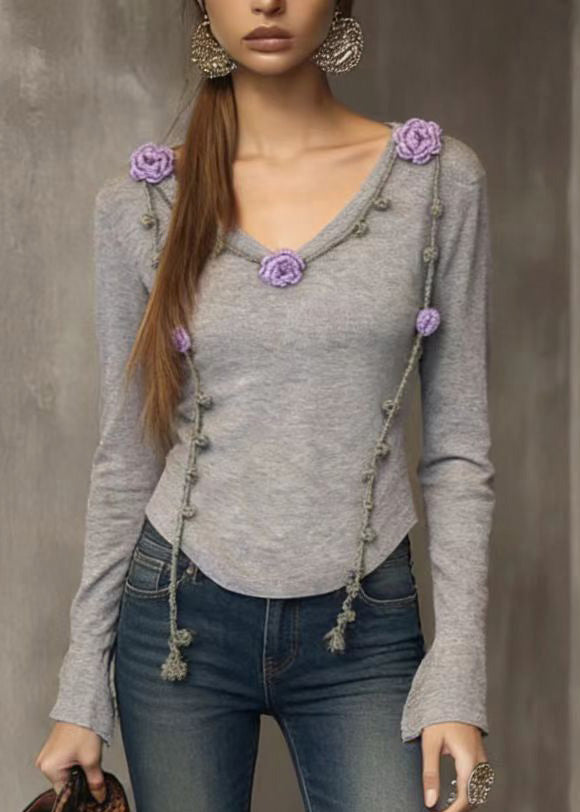French Grey V Neck Slim Fit Knit Top Spring