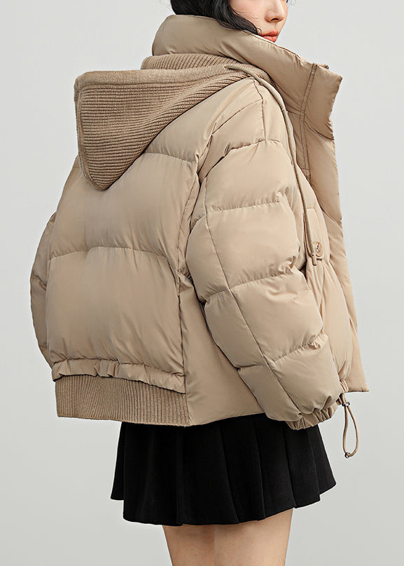 Khaki Button Pockets Drawstring Duck Down Puffer Coat