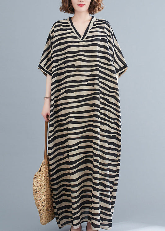 Black Striped V Neck Pockets Long Dress Short Sleeve
