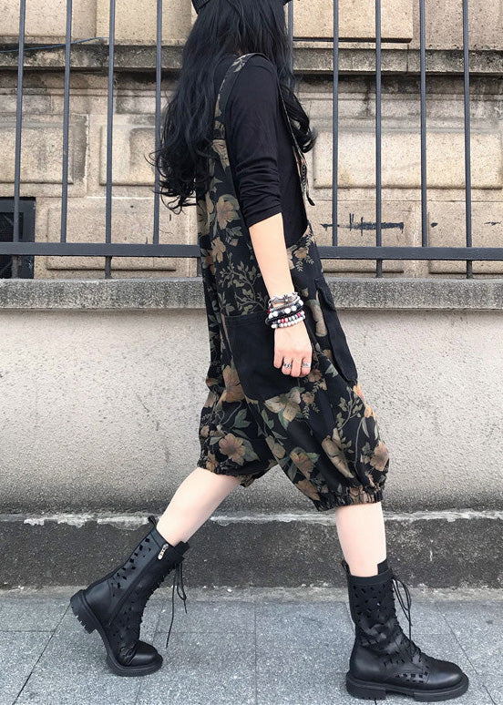 Slash Neck Print Patchwork Button Denim Jumpsuit Spring