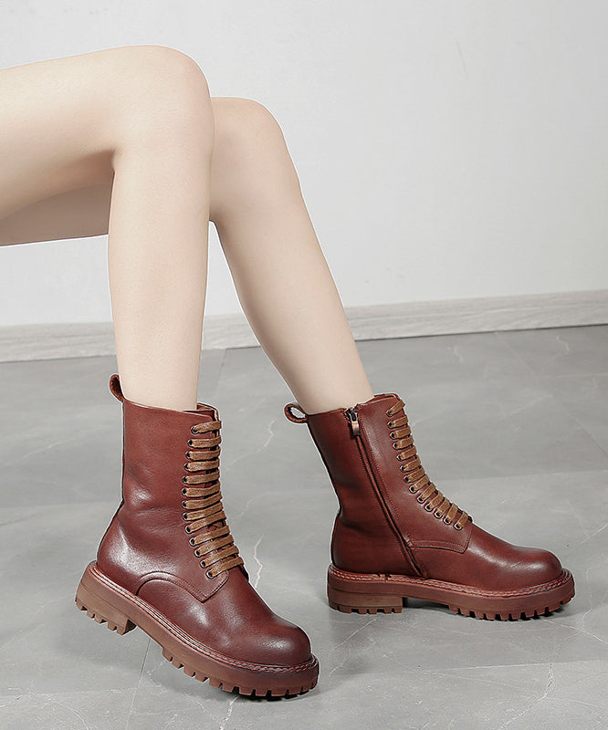 Black Chunky Cowhide Leather Cross Strap Boots