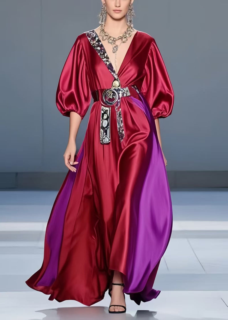 Mulberry Cinched Patchwork Silk Holiday Dress Summer