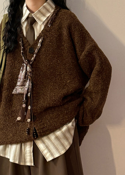 Grey V Neck Scarf Design Button Knit Coats Spring