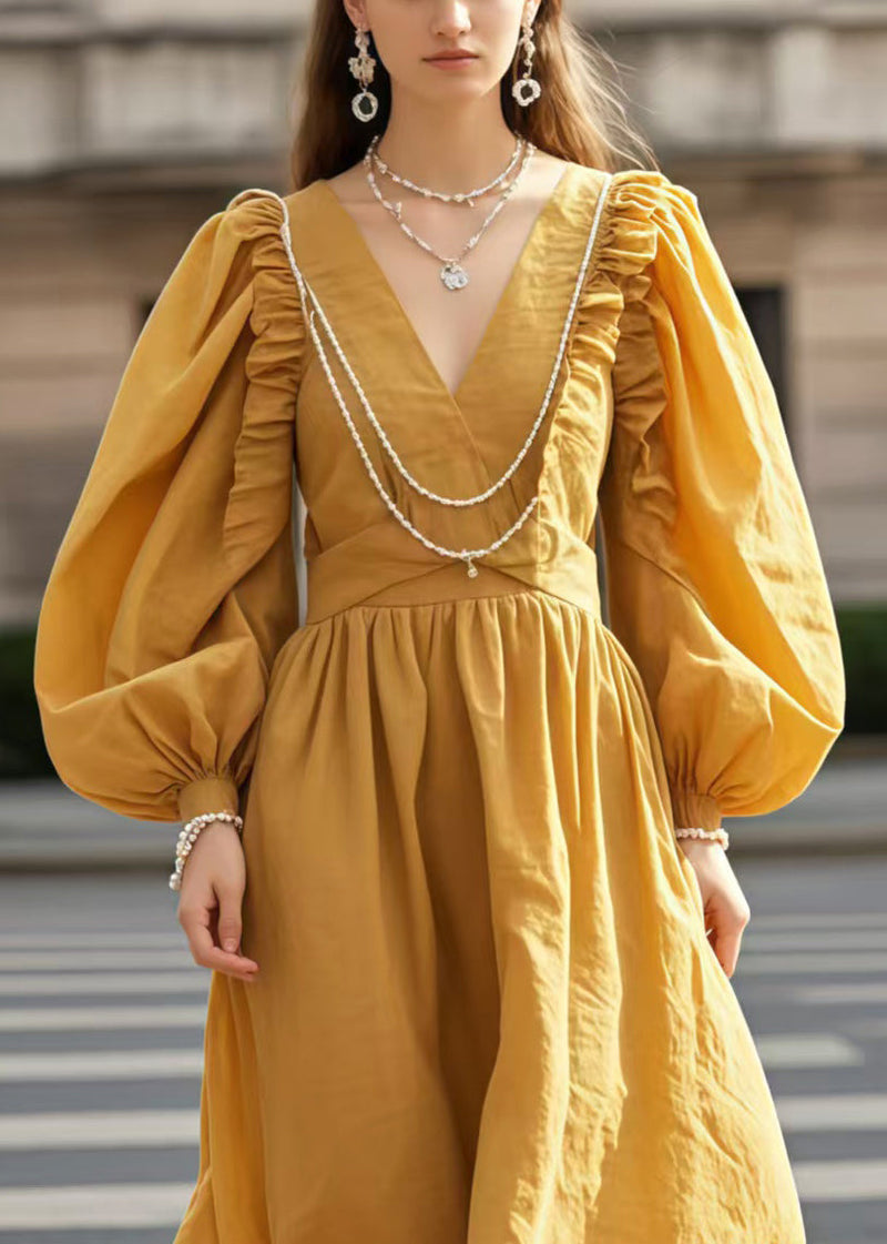 Yellow V Neck Wrinkled Cotton Party Dress Lantern Sleeve