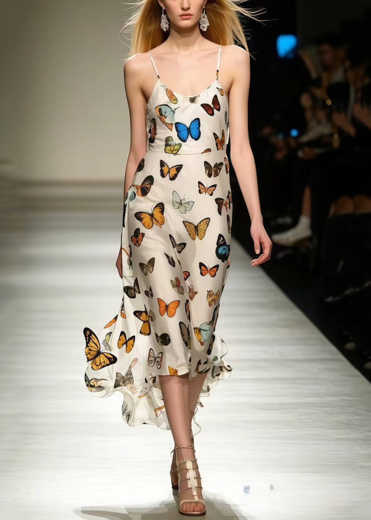 Silm Fit Polychrome Butterfly Chiffon Spaghetti Strap Dress Summer