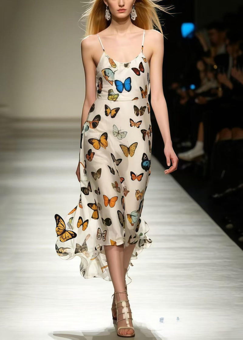 Silm Fit Polychrome Butterfly Chiffon Spaghetti Strap Dress Summer