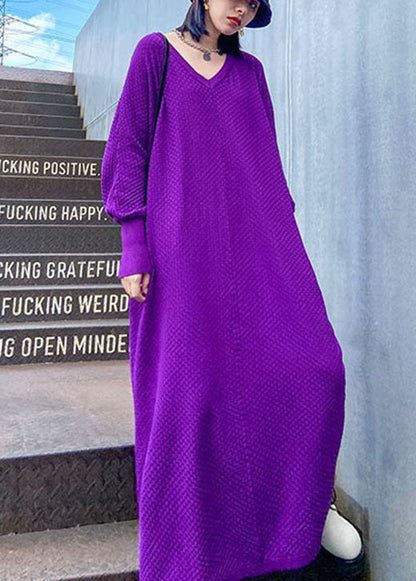 Art Purple V Neck Loose Fall Long Knit Dress