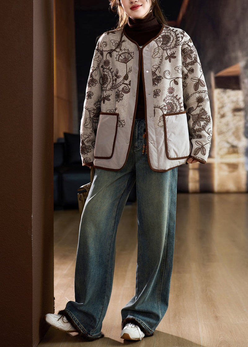 Modern Beige Embroidered Pockets Fine Cotton Filled Linen Coat Winter