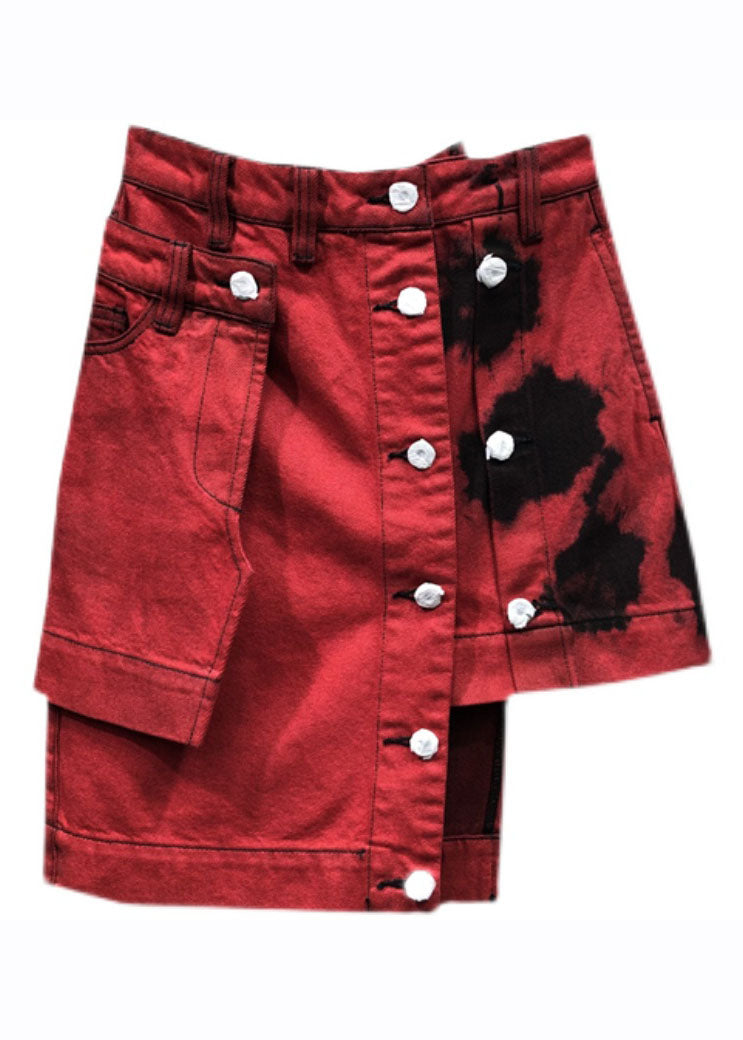 Red High Waist Patchwork Button Asymmetrical Denim Skirt Summer