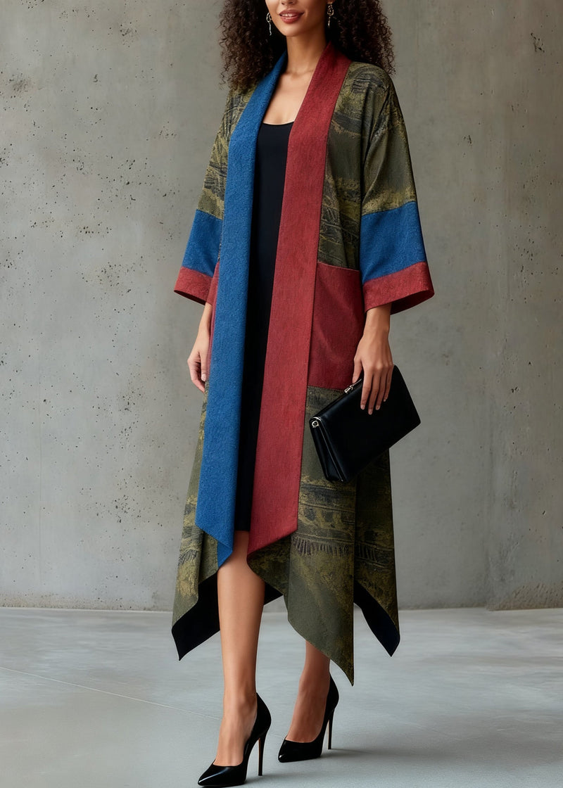 Loose Green Pockets Patchwork Silk Long Cardigans Spring
