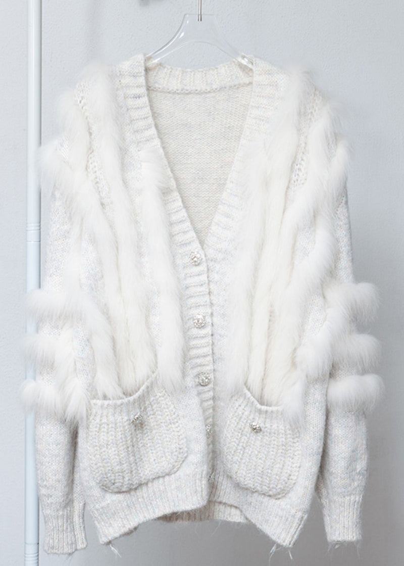 White Fox Fur Pockets Patchwork Woolen Cardigan V Neck