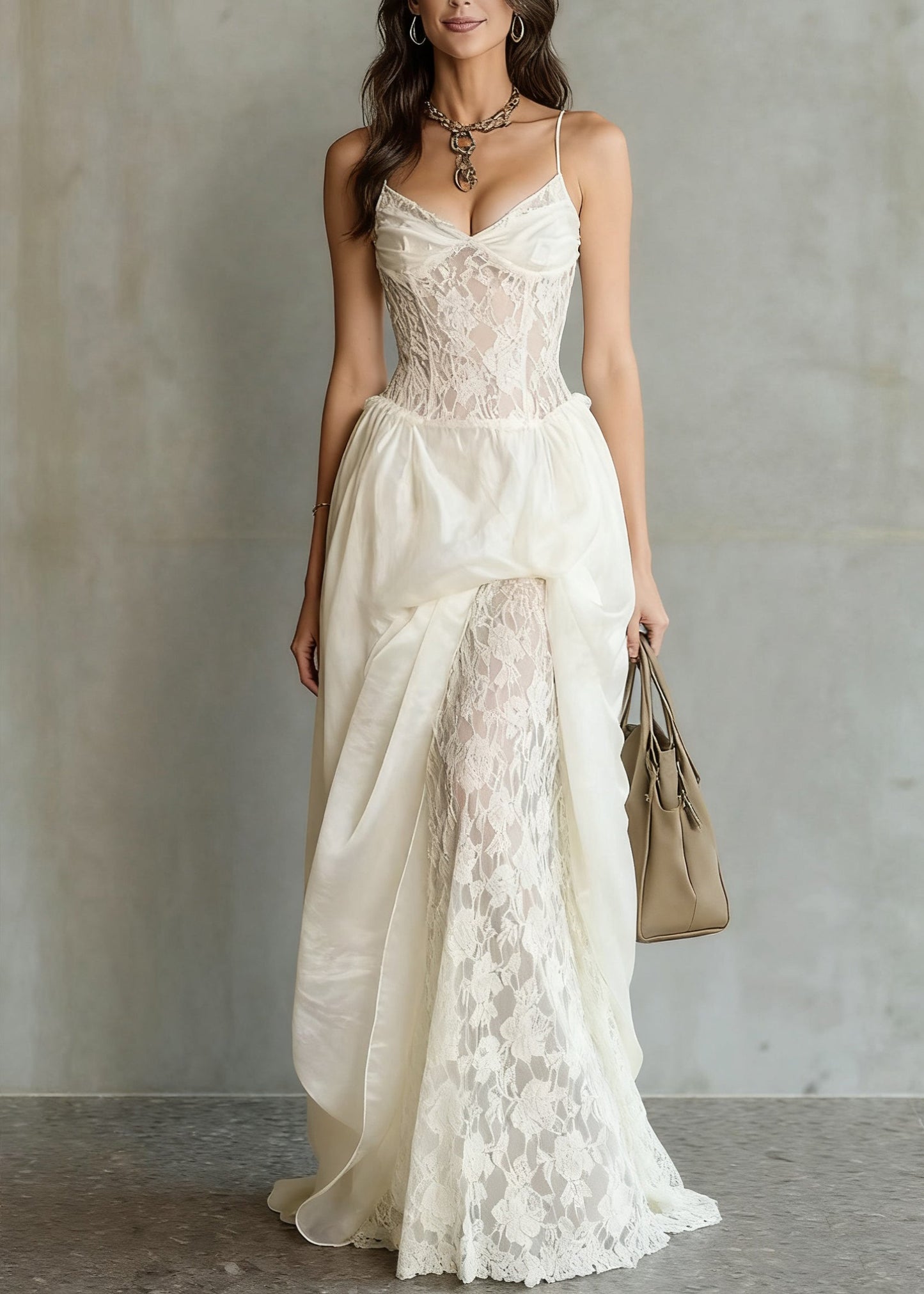 White V Neck Lace Patchwork Spaghetti Strap Dress Sleeveless