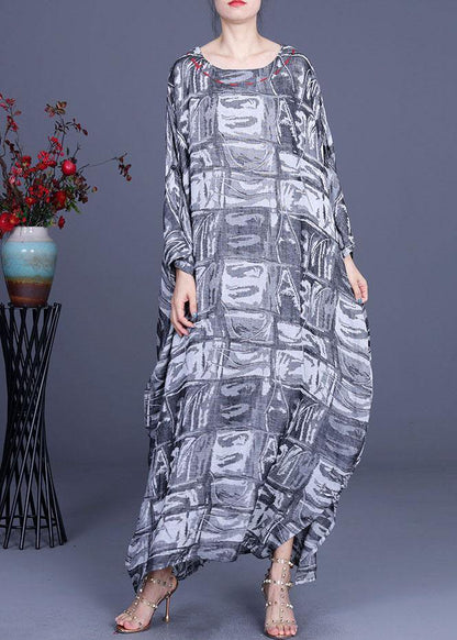 French Grey Print Cotton Linen Side Open Party Dress Summer