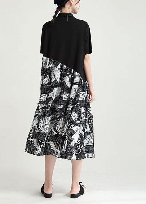 Natural Black Print Patchwork Summer Button Maxi Dresses