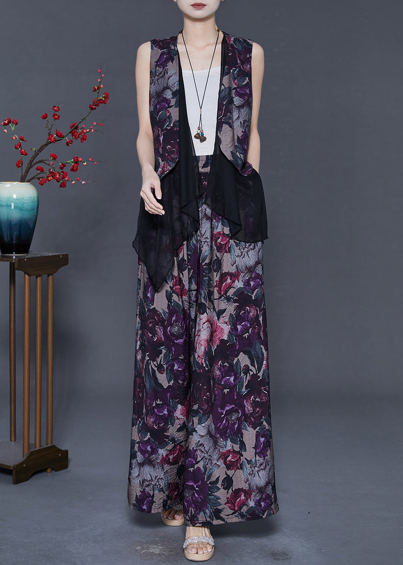 Purple Print Patchwork Linen Two Piece Set Outfits Summer