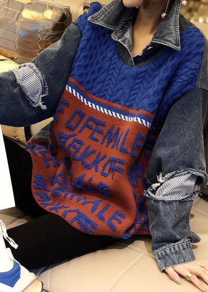 Blue Patchwork Denim Hole Loose Fall Knit Knitted Sweaters