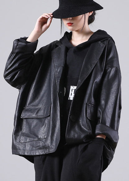 Unique Black Notched Pockets Button Fall Long Pu Sleeve Coat