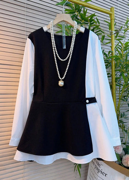 Black Oversized Patchwork Cotton Fake Two Piece Tops Fall