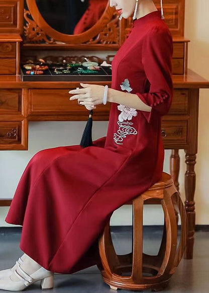 Italian Red Embroideried Button Side Open Silk Long Dresses Fall