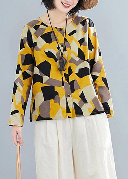 French O Neck Button Down Shirts Inspiration Yellow Geometric Top