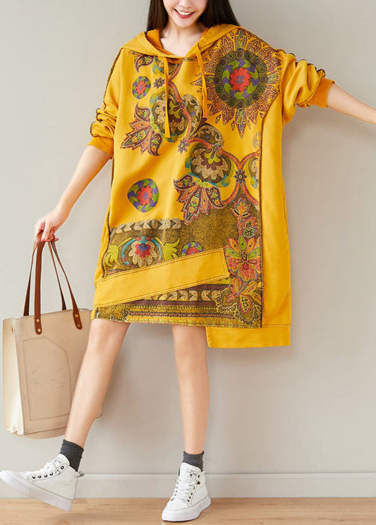Yellow Drawstring Hooded Sweatshirts Dresses Spring