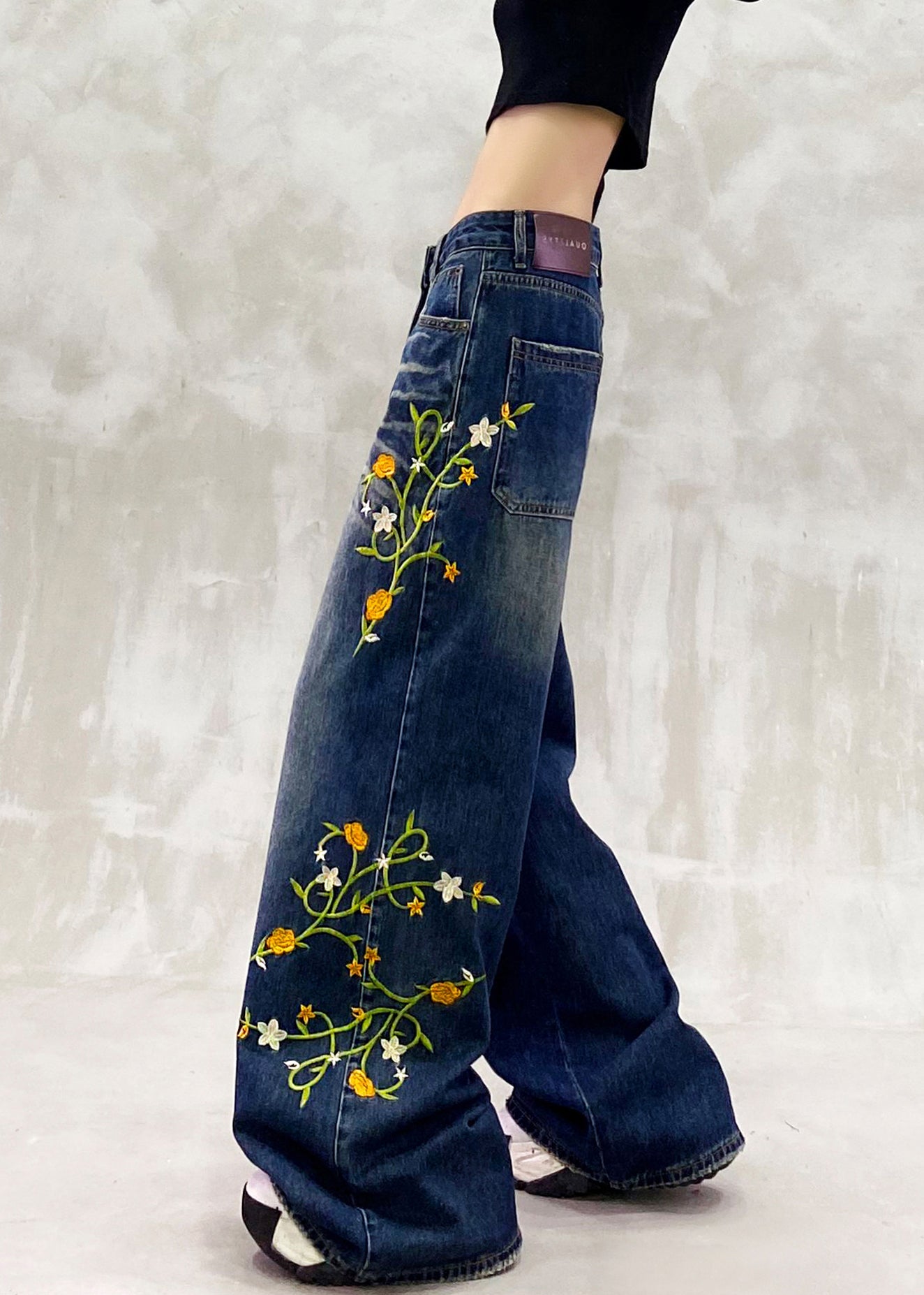 Blue Embroidered Pockets Patchwork Denim Pants Fall