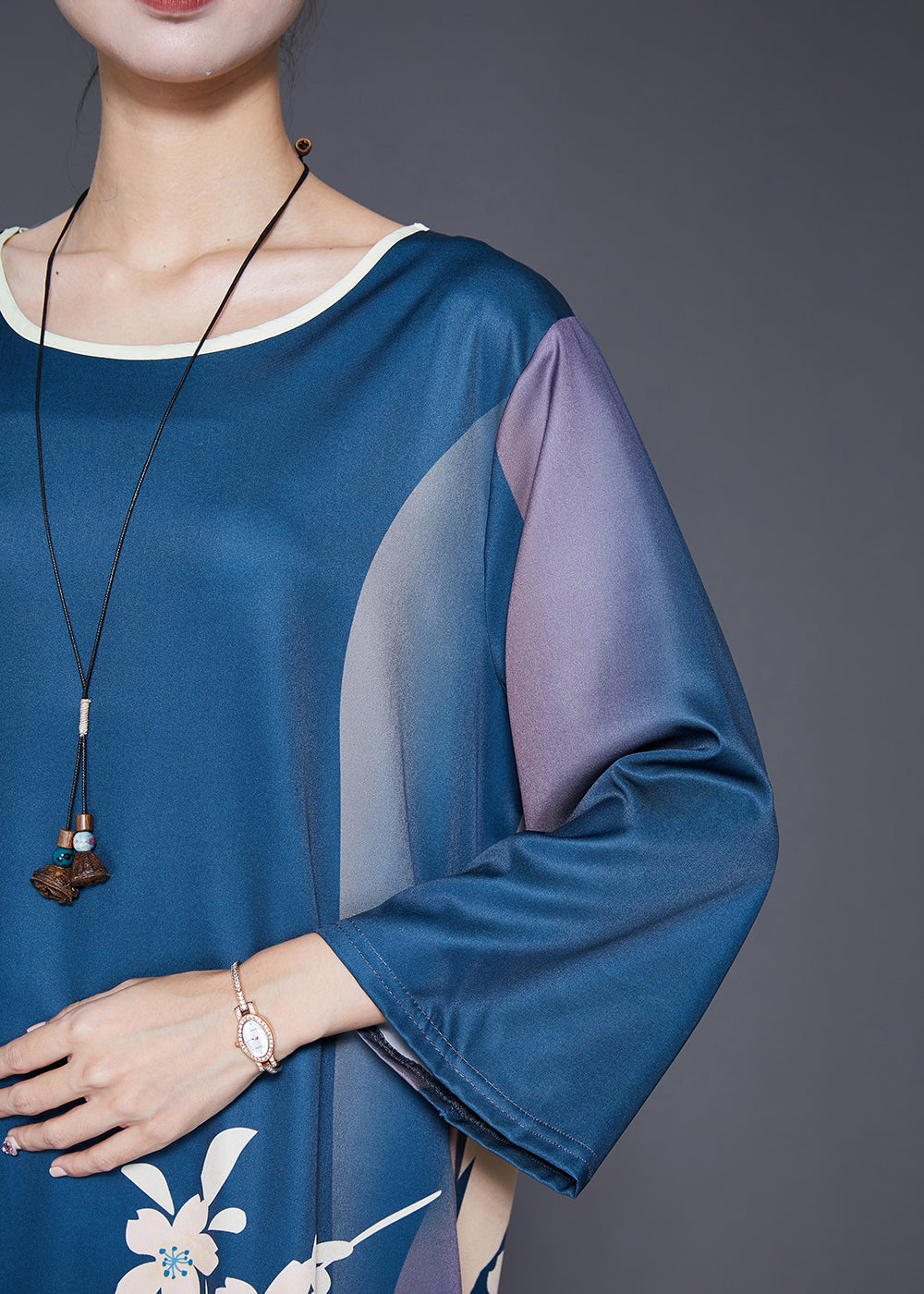 Navy Oversized Print Silk Long Dress Fall