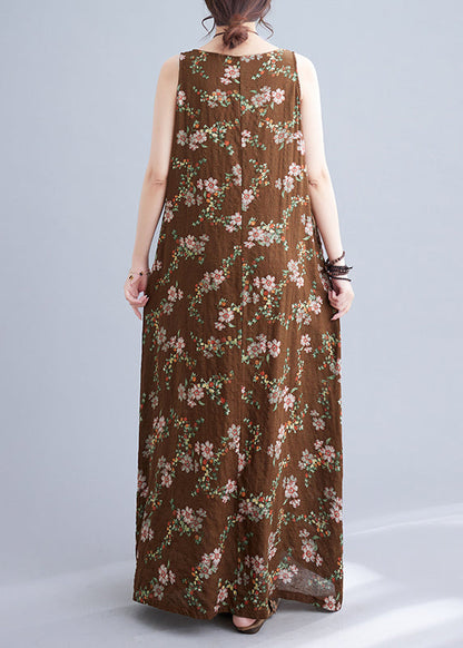 Coffee O-neck Print Linen Beach Dresses Sleeveless