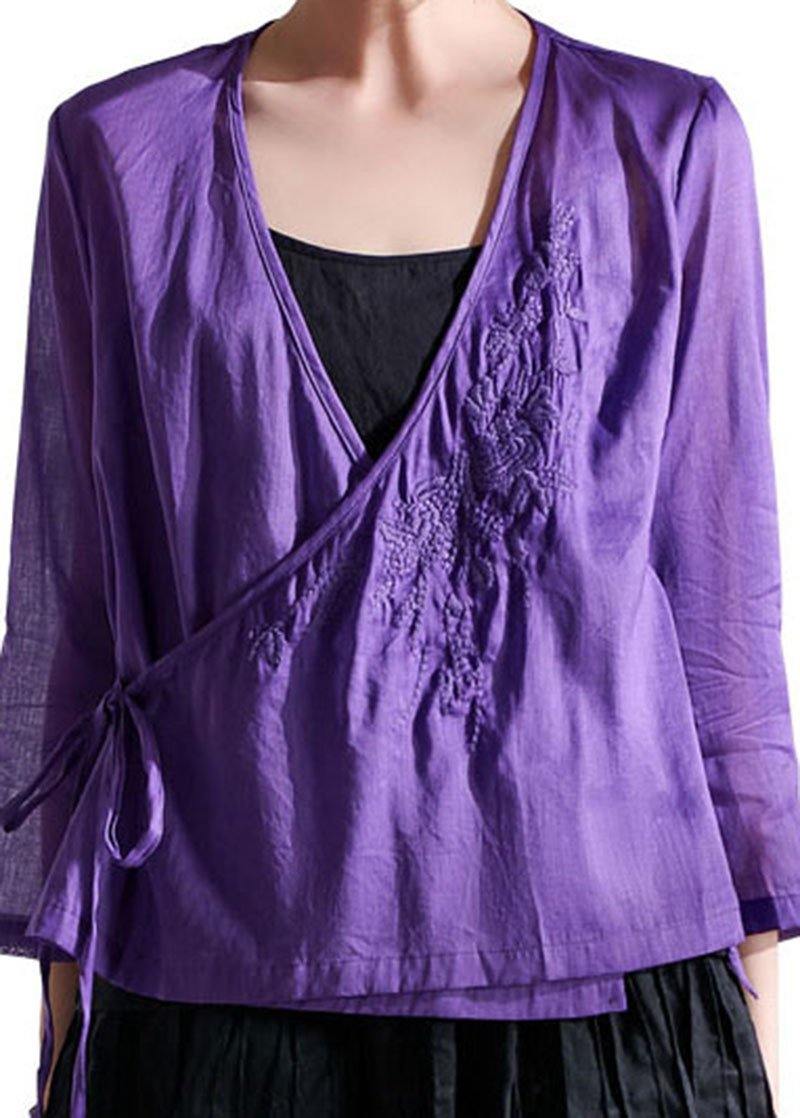 Boutique Purple Tie Waist Asymmetrical Design Summer Ramie Top