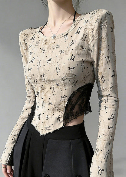 Beige Print Lace Patchwork Cotton Blouses Flare Sleeve