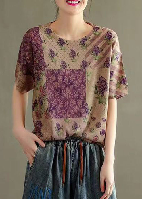 Purple O Neck Print Patchwork Thin Cotton Knit Tops Summer