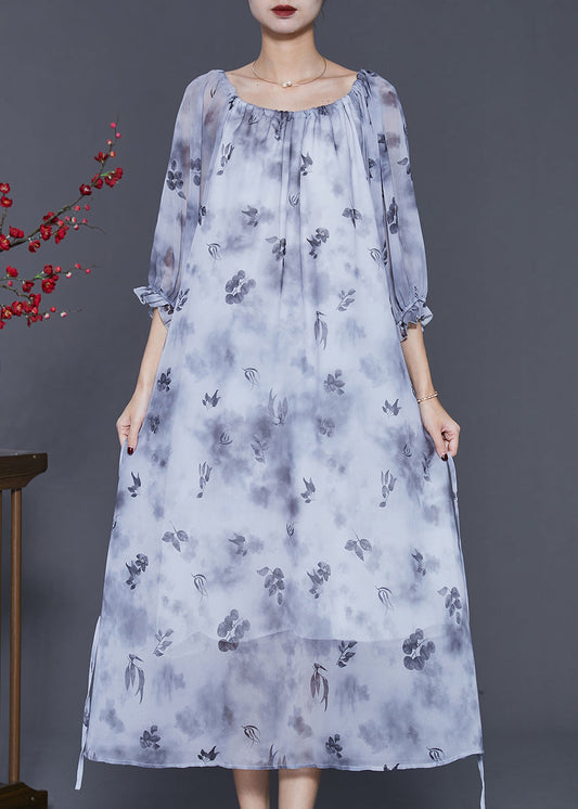 Grey Print Tie Dye Chiffon Long Dress Half Sleeve