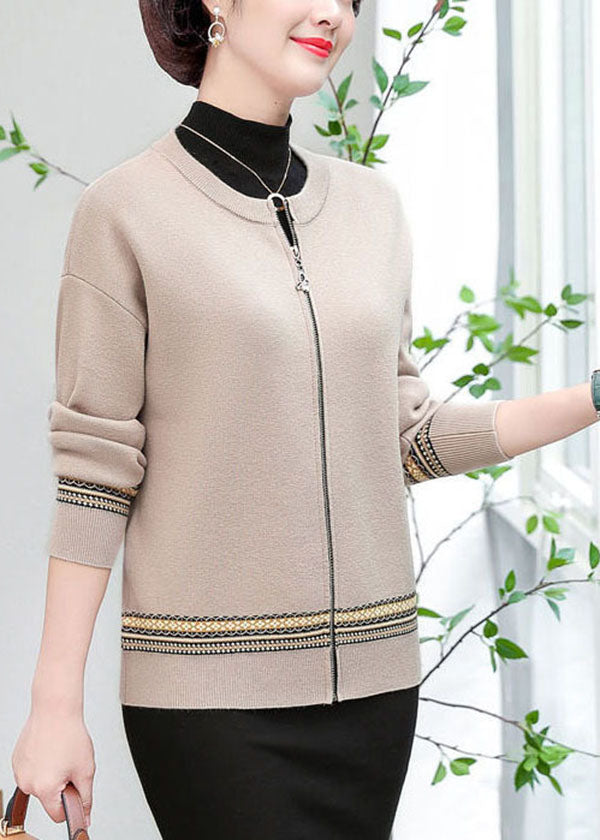 Apricot Patchwork Woolen Jackets O-neck Embroideried Long Sleeve