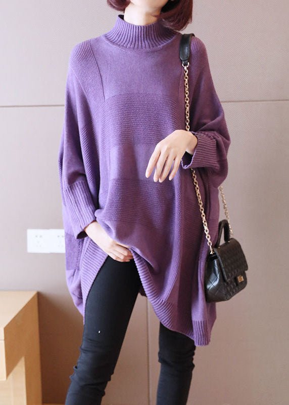 Art Purple Turtleneck Loose Fall Long Sweater
