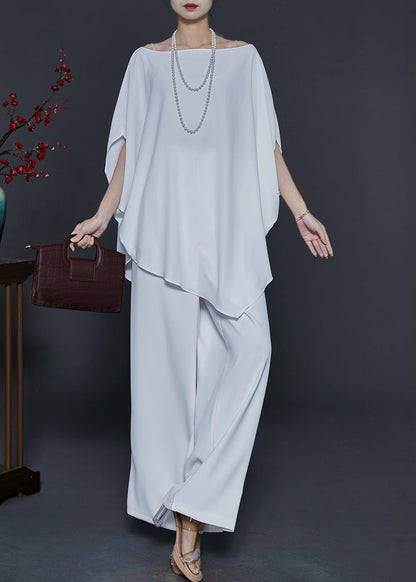 White Asymmetrical Chiffon Two Piece Suit Set Batwing Sleeve