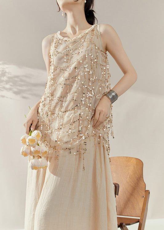 Vogue Apricot Long Dress Summer Sequins Patchwork