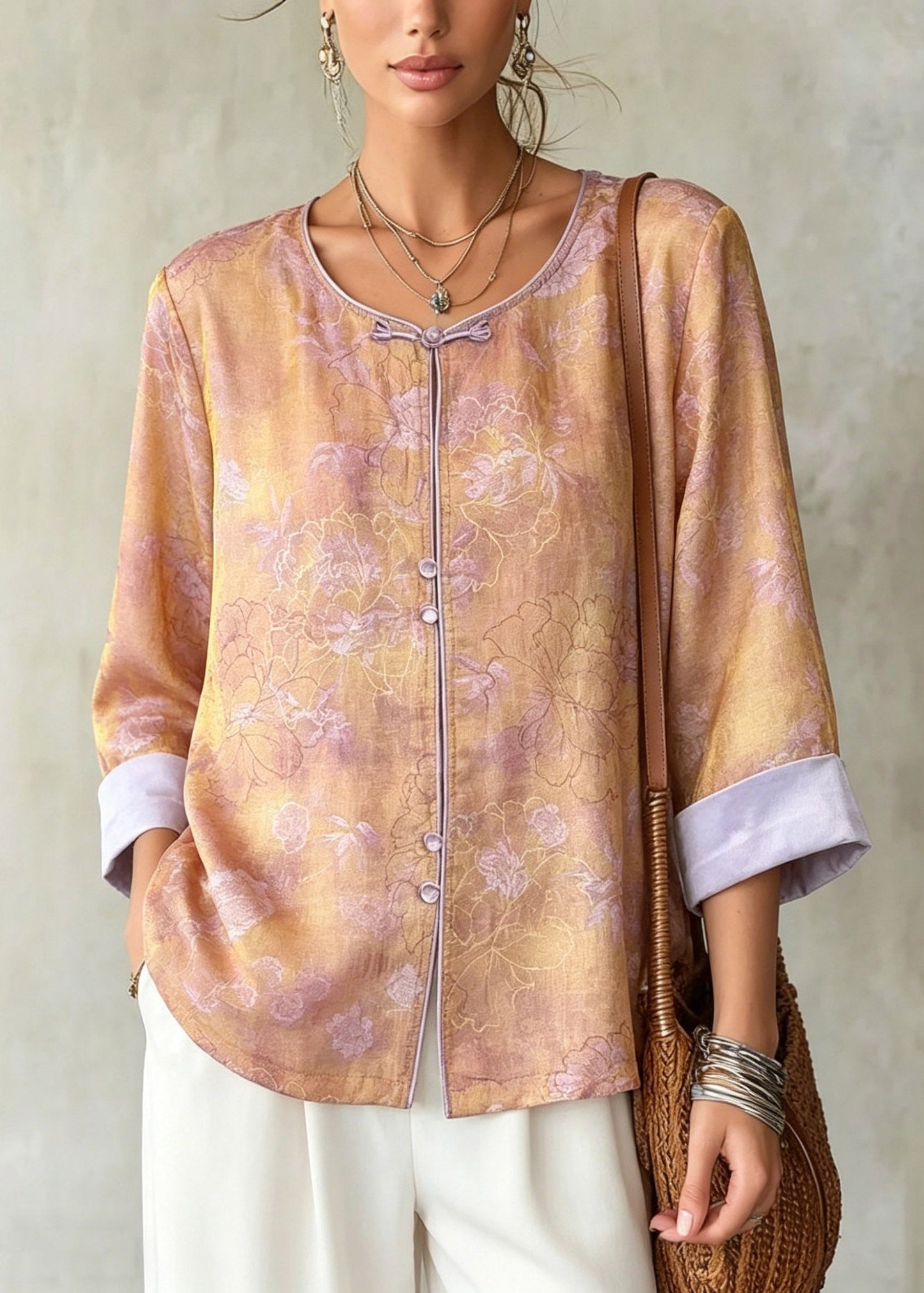 Style Orange O-neck Patchwork Silk Shirts Fall
