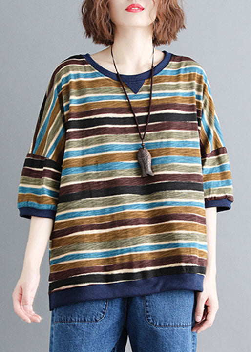 Colorblock O Neck Striped Patchwork Cotton Tops Summer