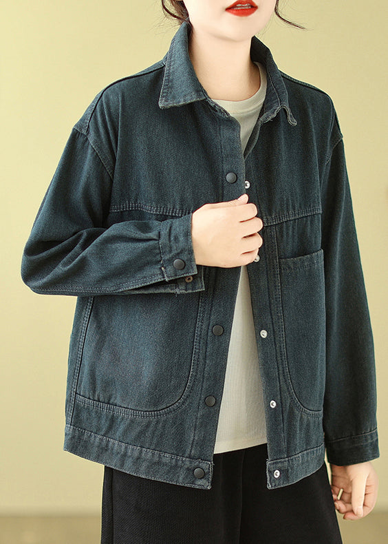Navy Oversized Pockets Warm Fleece Denim Jacket Spring
