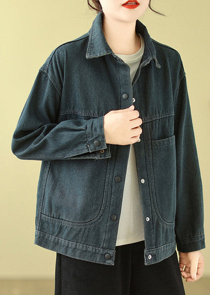 Navy Oversized Pockets Warm Fleece Denim Jacket Spring